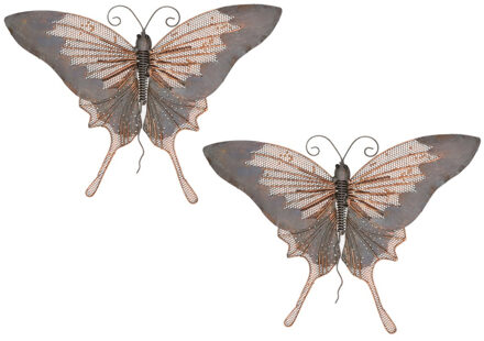 Decoris 2x stuks grote metalen vlinder grijs/goudbruin 34 x 24 cm tuin decoratie