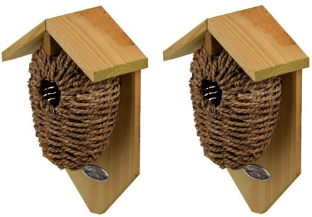 Decoris 2x Stuks houten vogelhuisje/nestbuidels zeegras 26 cm - Vogelhuisjes tuindecoraties - Winterkoning nestje