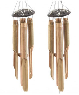 Decoris 2x stuks houten windgongen/windorgels met 6 buizen 83 cm - Windgong Bruin