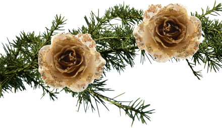 Decoris 2x stuks kerstboom bloemen op clip goud glitter 14 cm - Kersthangers Goudkleurig
