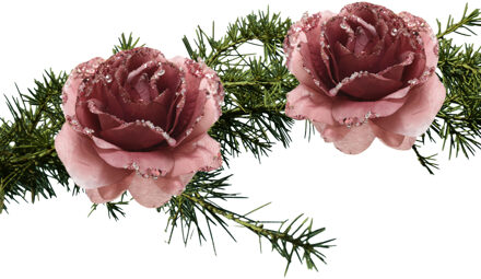 Decoris 2x stuks kerstboom bloemen op clip oud roze 14 cm - Kersthangers