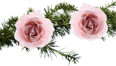 Decoris 2x stuks kerstboom bloemen/rozen op clip poeder roze 14 cm - Kersthangers