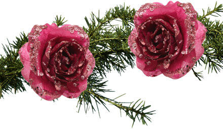 Decoris 2x stuks kerstboom decoratie bloemen framboos roze glitter op clip 14 cm - Kersthangers
