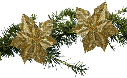 Decoris 2x stuks kerstboom decoratie bloemen goud glitter op clip 23 cm - Kersthangers Goudkleurig