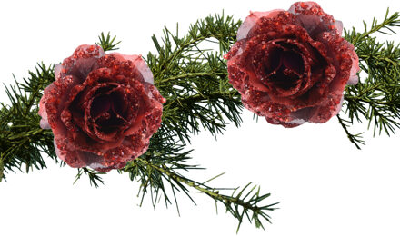 Decoris 2x stuks kerstboom decoratie bloemen op clip rood 14 cm