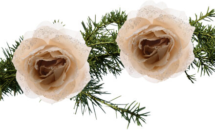 Decoris 2x stuks kerstboom decoratie bloemen op clip roos creme 14 cm - Kersthangers Crème