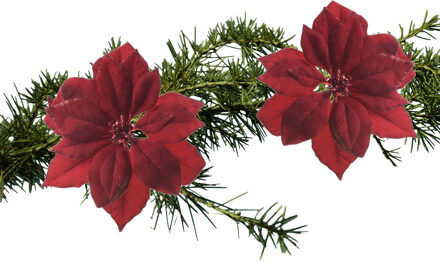 Decoris 2x stuks kerstboom decoratie bloemen rood glitter op clip 24 cm - Kersthangers