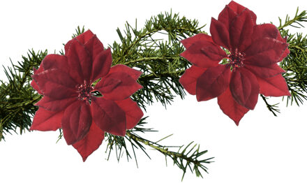 Decoris 2x stuks kerstboom decoratie bloemen rood glitter op clip 24 cm