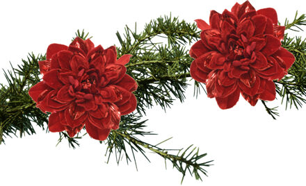 Decoris 2x stuks kerstboom decoratie bloemen velvet rood op clip 16 cm - Kersthangers