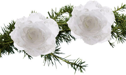 Decoris 2x stuks kerstboom decoratie bloemen wit 14 cm - Kersthangers