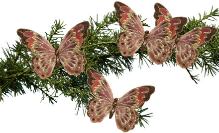 Decoris 2x stuks kerstboom decoratie vlinders op clip bruin met glitters 18 cm - Kersthangers