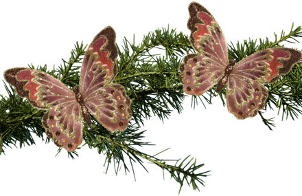 Decoris 2x stuks kerstboom decoratie vlinders op clip glitter bruin 18 cm - Kersthangers