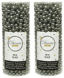 Decoris 2x stuks kerstboom kralenslingers antraciet (warm grey) 10 meter kerstslingers