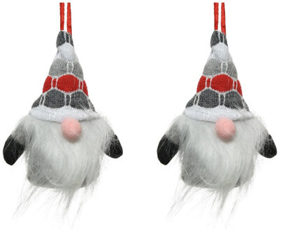 Decoris 2x stuks kersthangers figuurtjes kerst gnome/kabouter/dwerg grijs 12 cm - Kersthangers Rood