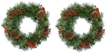 Decoris 2x stuks kerstkransen/dennenkransen groen met sneeuw en versiering 50 cm