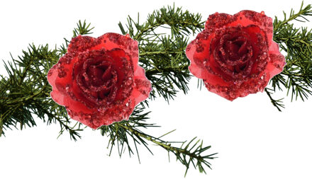 Decoris 2x stuks kerstversiering glitter bloemen/rozen met clip rood 14 cm - Kersthangers