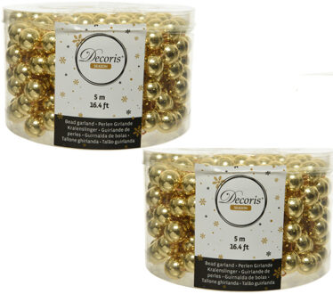 Decoris 2x stuks kralenslinger kerstboom slingers/guirlandes goud 5 meter x 1,4 cm