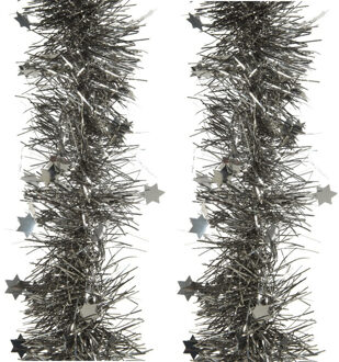 Decoris 2x stuks lametta kerstslingers met sterretjes antraciet (warm grey) 270 x 10 cm - Kerstslingers Grijs