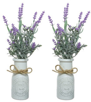 Decoris 2x stuks lichtpaarse Lavendula/lavendel kunstplant 32 cm in witte pot - Kunstplanten