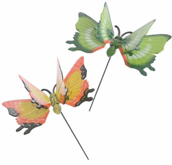 Decoris 2x stuks Metalen deco vlinders groen en geel van 11 x 70 cm op tuinstekers