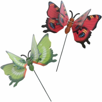 Decoris 2x stuks Metalen deco vlinders rood en groen van 11 x 70 cm op tuinstekers