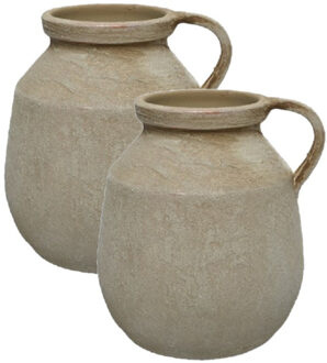 Decoris 2x stuks ouderwetse creme witte terracotta kannen/kruiken 25 cm - Tuinbeelden Crème