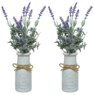 Decoris 2x stuks paarse Lavendula/lavendel kunstplant 32 cm in witte pot - Kunstplanten