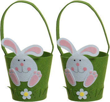 Decoris 2x stuks paasmandjes met Paashaas - vilt - groen - D15 x H31 cm