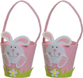 Decoris 2x stuks paasmandjes met Paashaas - vilt - roze - D15 x H31 cm