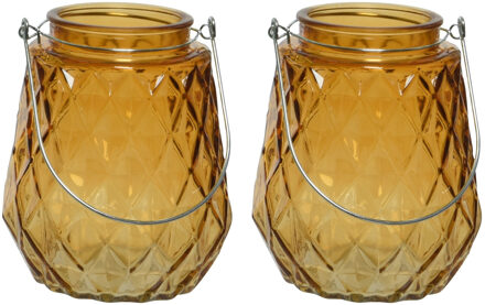 Decoris 2x stuks theelichthouders/waxinelichthouders ruitjes glas cognac/oranje met metalen handvat 11x13 cm