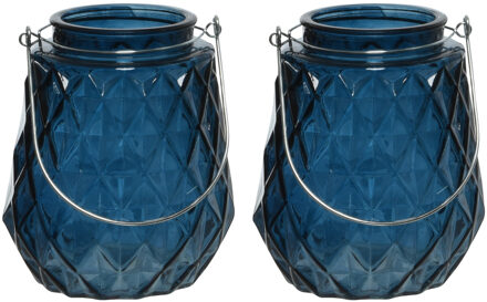 Decoris 2x stuks theelichthouders/waxinelichthouders ruitjes glas donkerblauw met metalen handvat 11 x 13 cm
