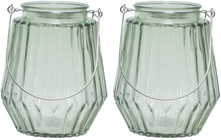 Decoris 2x stuks theelichthouders/waxinelichthouders streepjes glas mistgroen met metalen handvat 11 x 13 cm