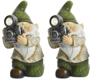 Decoris 2x stuks tuinkabouter beeld James fotograaf met solar verlichting 24 cm