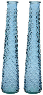 Decoris 2x stuks vazen/bloemenvazen van gerecycled glas - D7 x H32 cm - blauw
