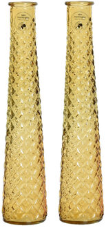 Decoris 2x stuks vazen/bloemenvazen van gerecycled glas - D7 x H32 cm - geel