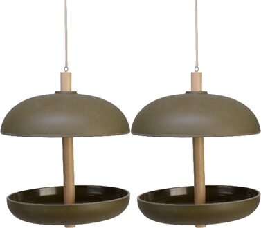 Decoris 2x stuks vogel voedersilo hangend - bamboe hout - donkergroen - 21 x 25 cm