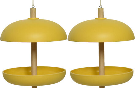 Decoris 2x stuks vogel voedersilo hangend - bamboe hout - geel - 21 x 25 cm