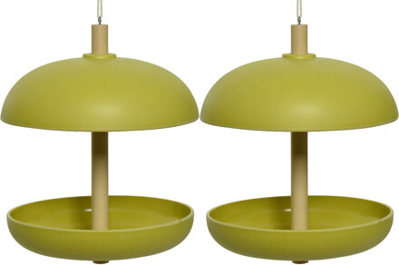 Decoris 2x stuks vogel voedersilo hangend - bamboe hout - groen - 21 x 25 cm