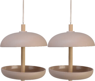 Decoris 2x stuks vogel voedersilo hangend - bamboe hout - taupe - 21 x 25 cm