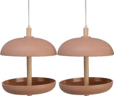 Decoris 2x stuks vogel voedersilo hangend - bamboe hout - terra bruin - 21 x 25 cm
