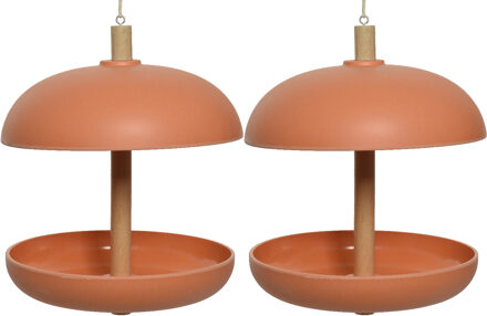 Decoris 2x stuks vogel voedersilo hangend - bamboe hout - zalmroze - 21 x 25 cm