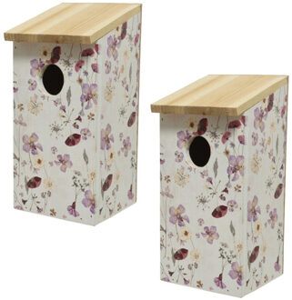 Decoris 2x stuks vurenhouten/houten vogelhuisjes bloem opdruk 12 x 13,5 x 26 cm - Vogelhuisjes Multikleur