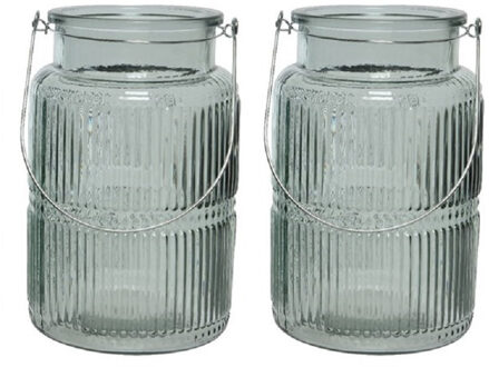 Decoris 2x stuks windlicht/kaarshouder van glas lichtgroen / misty green 22 cm
