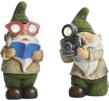 Decoris 2x Tuinkabouter beeldjes George en James 24 cm buitenlamp/tuinlamp - Tuinbeelden Multikleur