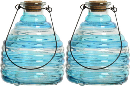 Decoris 2x wespenvanger/wespenval met hengsel - glas - blauw - D13 x H17 cm