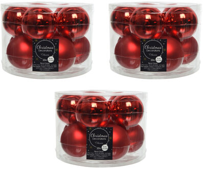 Decoris 30x Kerst rode glazen kerstballen 6 cm - glans en mat - Glans/glanzende - Kerstboomversiering kerst rood