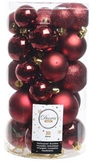 Decoris 30x Kunststof kerstballen glanzend/mat/glitter donkerrode kerstboom versiering/decoratie - Kerstbal Rood