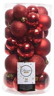 Decoris 30x Kunststof kerstballen glanzend/mat/glitter rode kerstboom versiering/decoratie - Kerstbal Rood