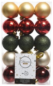Decoris 30x Rood/groen/gouden kerstballenset kunststof 6 cm