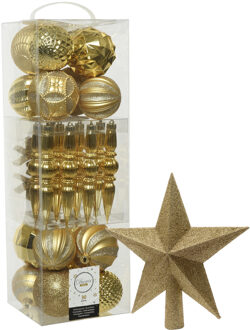 Decoris 30x st kunststof kerstballen, ornamenten en piek goud - Kerstbal Goudkleurig